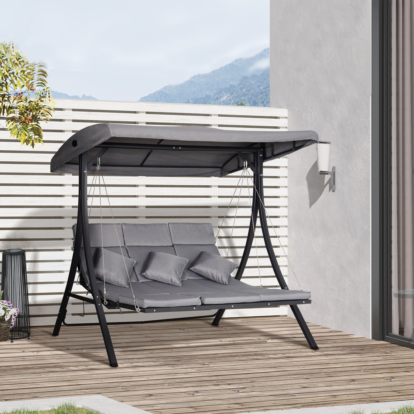 Balansoar cu 3 Scaune din Material Textil cu Perne si Acoperis Reglabil, Gri, 200x115x168 cm