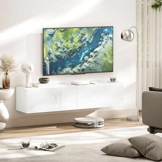 Dulap TV Suspendat pentru Televizoare de 45"-55"-65" cu 2 dulapuri și uși rabatabile, 140x33x29.8 cm, alb