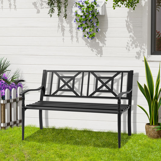 Banca pentru Exterior din Otel, Banca 2 Locuri cu Spatar Inalt si Cotiere, 128x62.5x81.5 cm, Negru