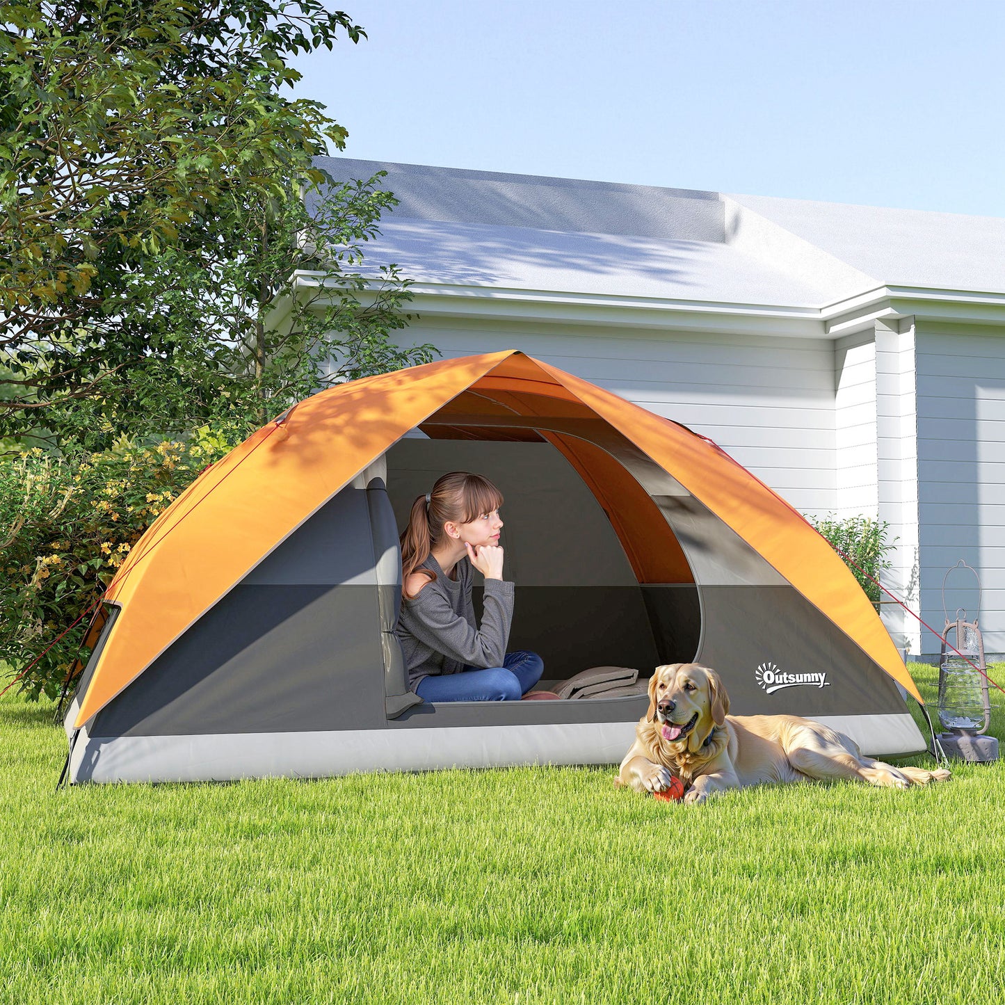 Cort de Camping pentru 3 Persoane cu Port de Încărcare, Buzunare și Geantă, 205x275x135 cm, Portocaliu
