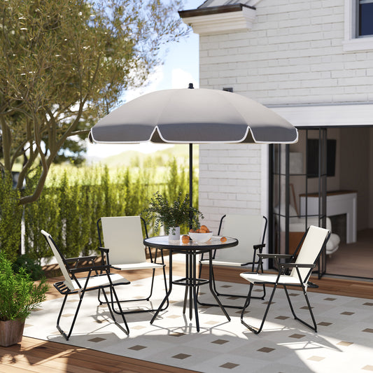 Set de Mobilier de Grădină din 6 Piese cu Umbrelă de Soare,  Masă și Scaune Pliante, Ф80x70 cm, Alb Crem