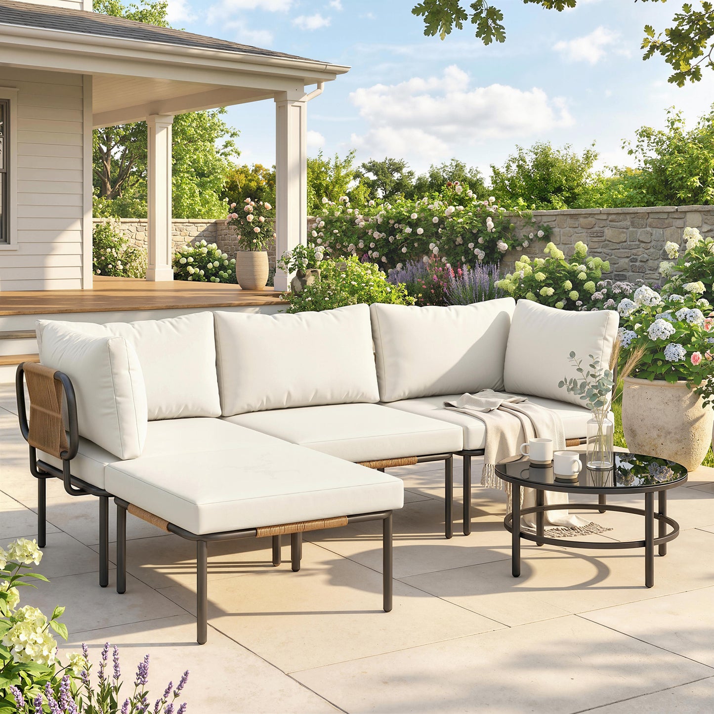 Set Grădină, 5 Piese, Rattan Modular în L cu Perne, Culoare Bej