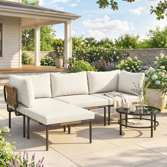 Set Grădină, 5 Piese, Rattan Modular în L cu Perne, Culoare Bej