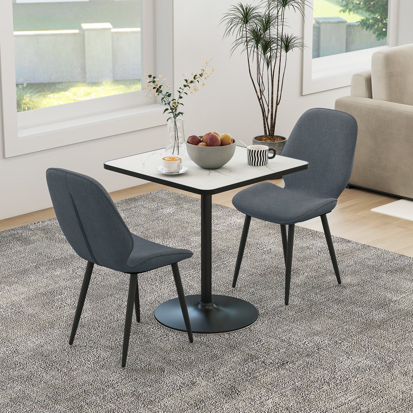Set 2 Scaune de Luat Masa cu Spătar Curbat, în Material Textil de Tip In, Spumă și Oțel, 46x56x86 cm, Gri și Negru