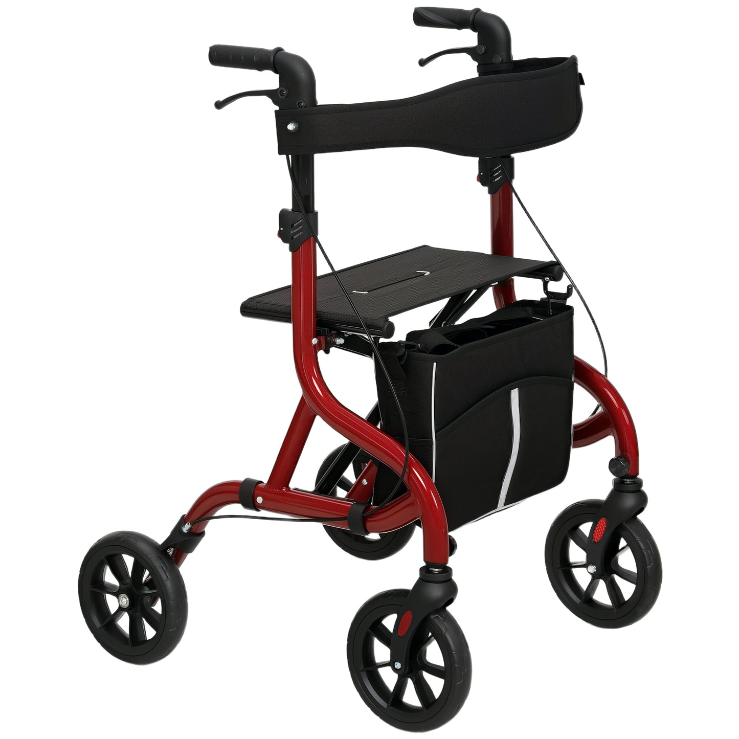 Deambulator cu Scaun și Spătar pentru Vârstnici Pliabil, Reglabil pe Înălțime, Suport pentru Baston, Roșu