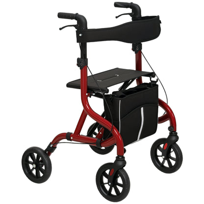 Deambulator cu Scaun și Spătar pentru Vârstnici Pliabil, Reglabil pe Înălțime, Suport pentru Baston, Roșu