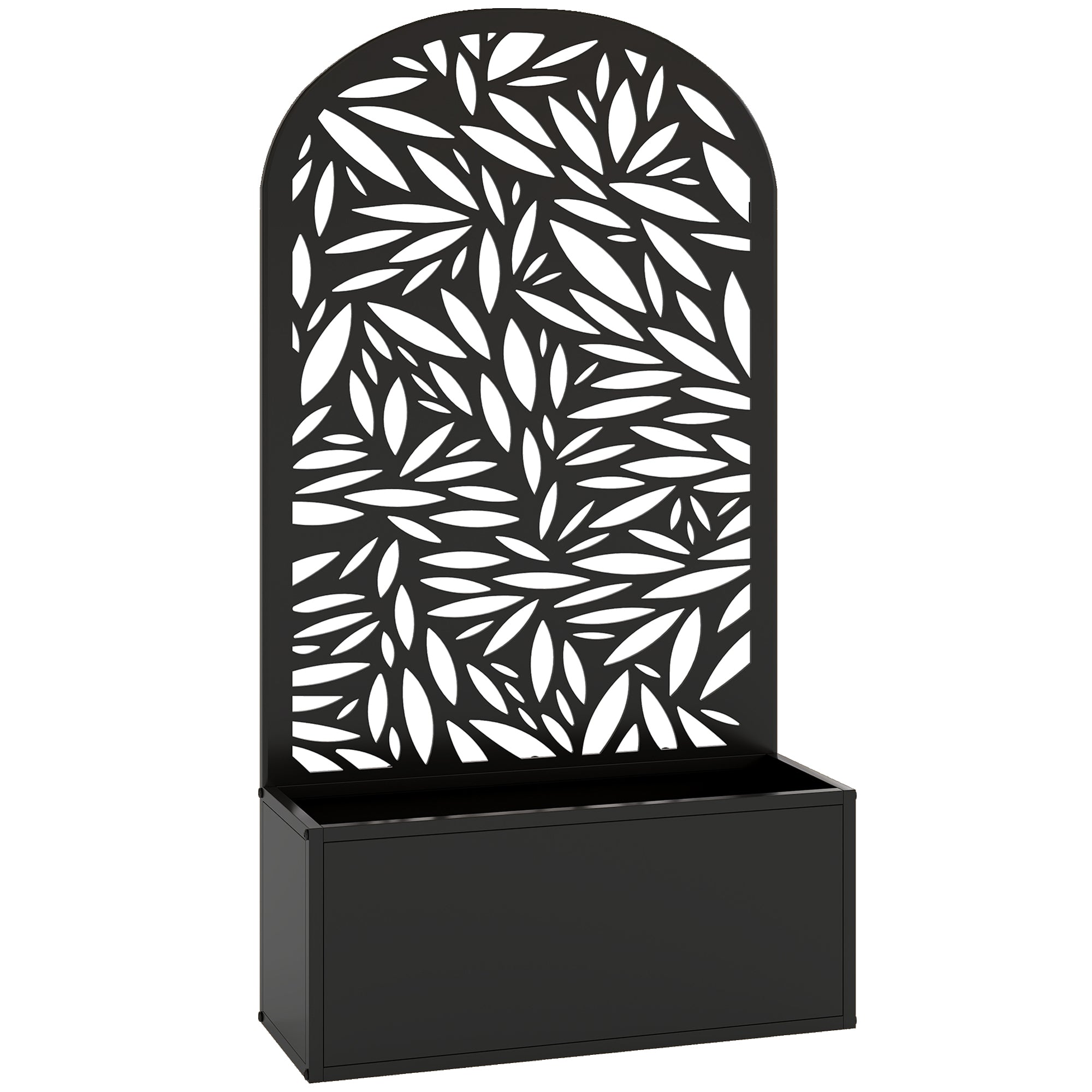 Jardinieră Elevată de Exterior, Jardinieră cu Suport Decorativ Arcuat cu Motive de Frunze pentru Plante Cățărătoare din Metal, Montare pe Perete sau Independentă, pentru Plante și Flori, 61x23x113 cm, Negru
