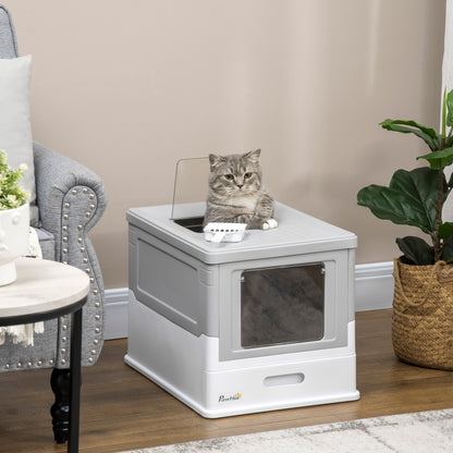 Litiera pentru Pisici Inchisa din PP cu Paleta Inclusa, Cutie Igienica pentru Pisici cu Tava Detasabila si 2 Usi, 47.5x35.5x36.7 cm, Alb si Gri