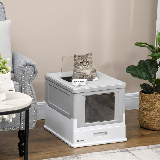 Litiera pentru Pisici Inchisa din PP cu Paleta Inclusa, Cutie Igienica pentru Pisici cu Tava Detasabila si 2 Usi, 47.5x35.5x36.7 cm, Alb si Gri