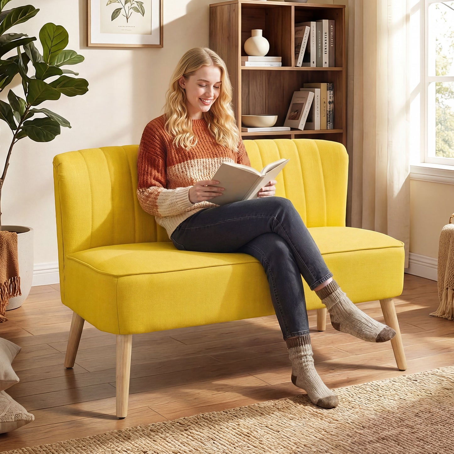 Canapea cu 2 locuri din material textil tip in, fără brațe, cu picioare din lemn, 117x56.5x77 cm, galben