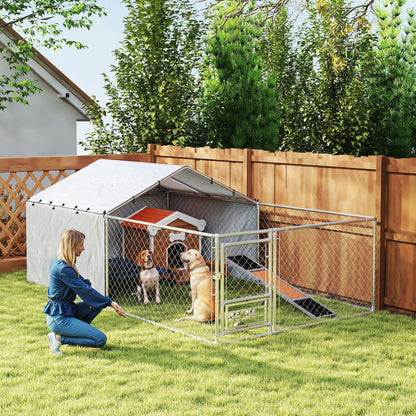 Țarc pentru câini cu acoperișuri și boluri rotative, din oțel și material Oxford, 4x2,3x1,5 m, argintiu