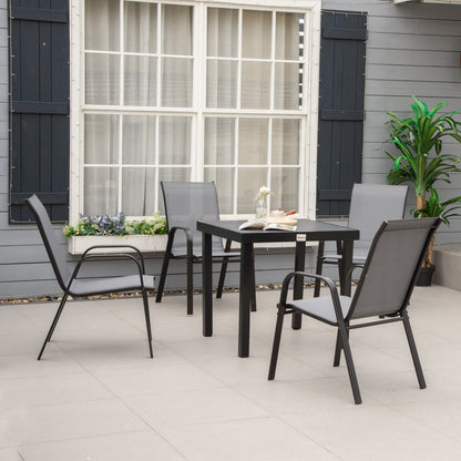 Set de 4 Scaune de Grădină Stivuibile, Scaune de Exterior cu Cotiere din Metal și Țesătură Respirabilă, 54x75.5x95 cm, Gri