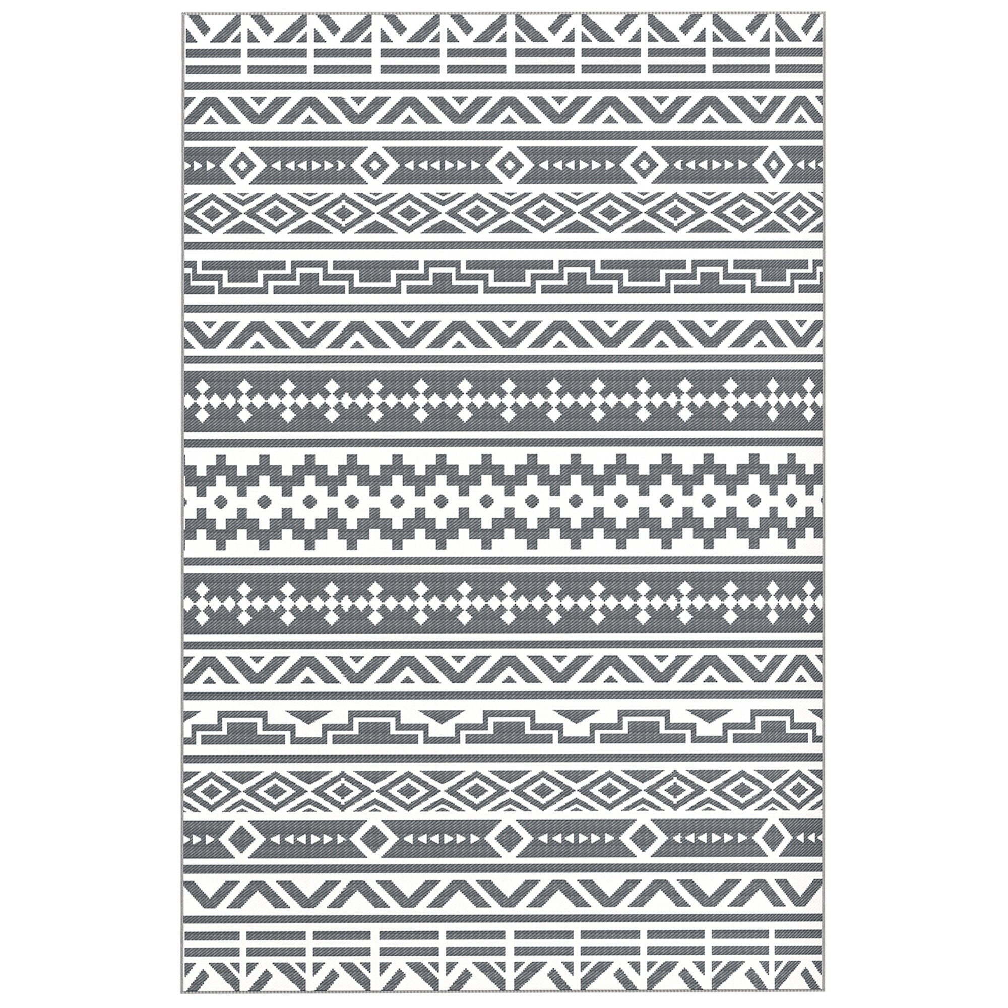 Covor de Exterior Reversibil cu Model Geometric și Geantă Inclusă, 182x274 cm, Gri și Alb