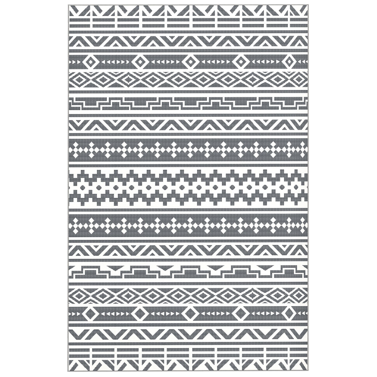 Covor de Exterior Reversibil cu Model Geometric și Geantă Inclusă, 182x274 cm, Gri și Alb
