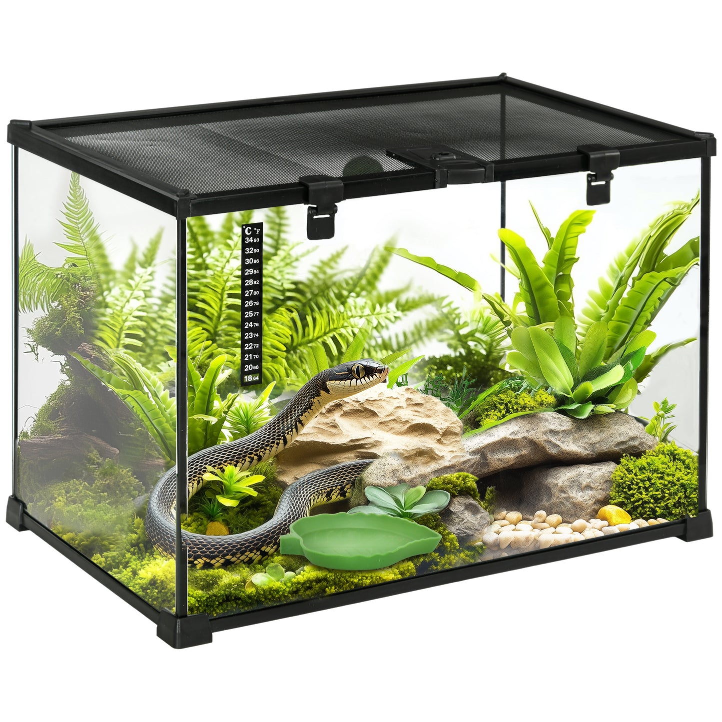 Terariu pentru reptile ridicat cu încuietoare și termometru, din sticlă și plasă metalică, 50x30x35 cm, negru