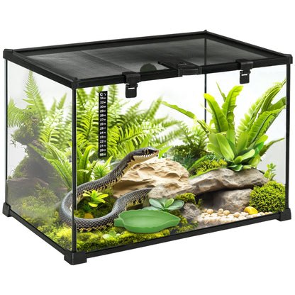 Terariu pentru reptile ridicat cu încuietoare și termometru, din sticlă și plasă metalică, 50x30x35 cm, negru