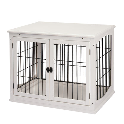 Casuta pentru Caini de pana la 30 kg de Interior din Lemn si Otel, 58,5 x 81 x 66 cm - Alba