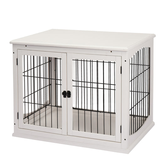 Casuta pentru Caini de pana la 30 kg de Interior din Lemn si Otel, 58,5 x 81 x 66 cm - Alba