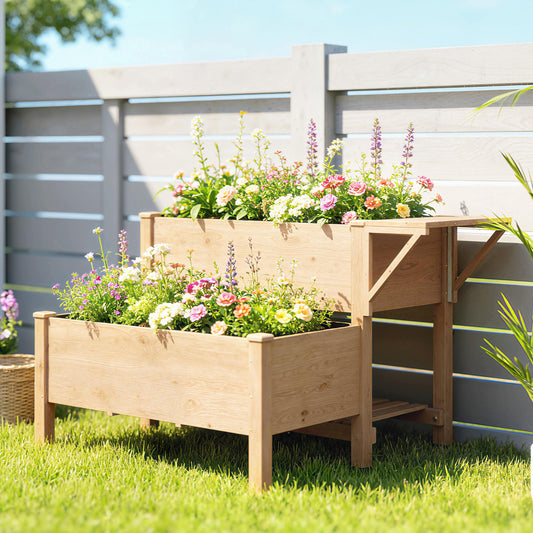 Jardinieră Înălțată pe 2 Niveluri cu Rafturi din Lemn, 119,5x102x76,5cm, Maro