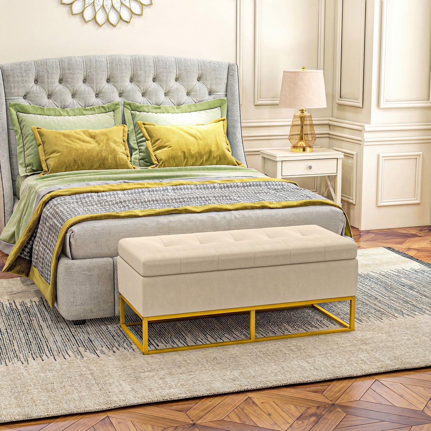 Bancă dreptunghiulară cu spațiu de depozitare, șezut tapițat și picioare din oțel, 110x44x49 cm, bej