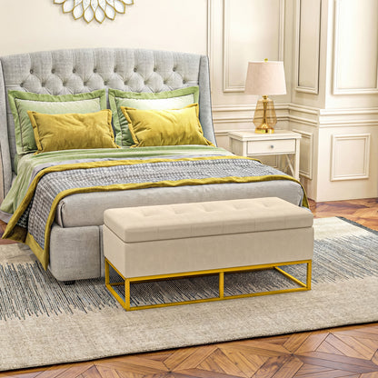 Bancă dreptunghiulară cu spațiu de depozitare, șezut tapițat și picioare din oțel, 110x44x49 cm, bej