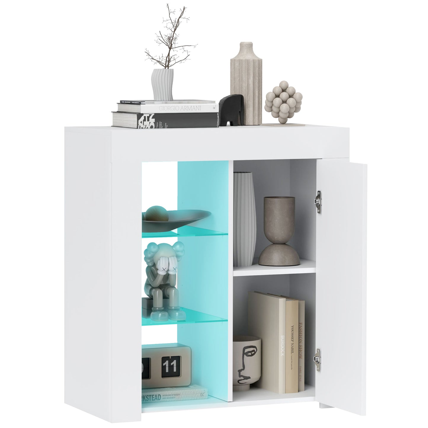 Dulap pentru Sufragerie cu Lumini LED, 3 Rafturi Deschise și un Dulăpior cu 2 Niveluri, 75x40,1x83 cm, Alb