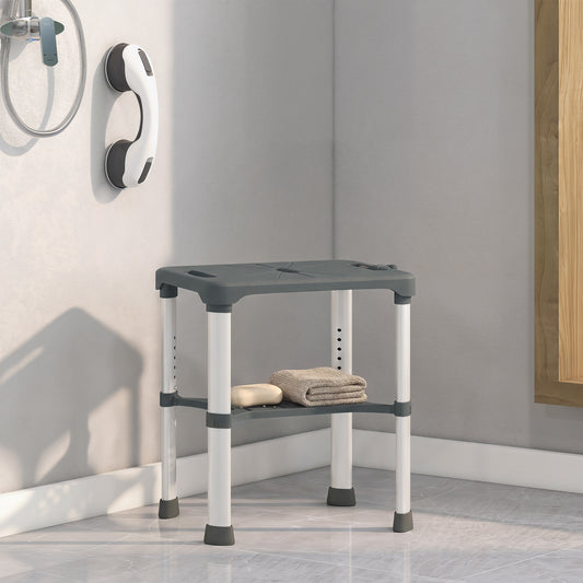 Scaun de Duș din Aluminiu cu Raft Integrat, Înălțime Reglabilă pe 5 Niveluri, Suport 150kg, Gri
