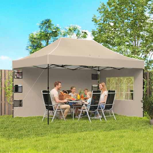 Gazebo Pop Up pliabil cu pereți laterali și ferestre, 2.9x4.3 m, din metal și țesătură Oxford, maro nisipiu