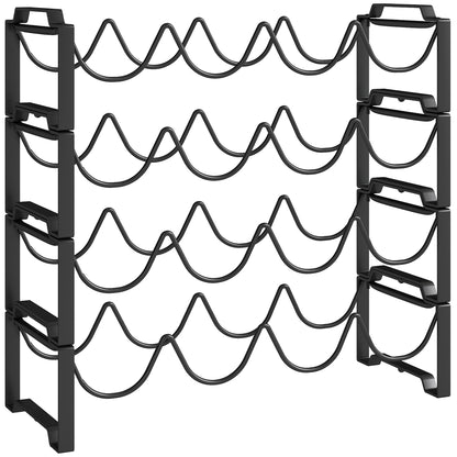Suport pentru Sticle cu 4 Nivele Ondulate Stivabile pentru 16 Sticle, din Metal, 42,5x16,5x41 cm, Negru