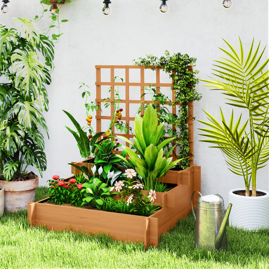 Jardinieră cu grilaj pe 3 niveluri din lemn de brad și material netesut, 95x95x110 cm, maro