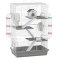 Cușcă pentru Hamsteri cu 4 Niveluri și 16 Tuburi, cu Căsuță, Rampă, Boluri, Rezervor de Apă și Tavă Antipicurare, Cușcă din Metal și Plastic, 47x30x70 cm, Gri