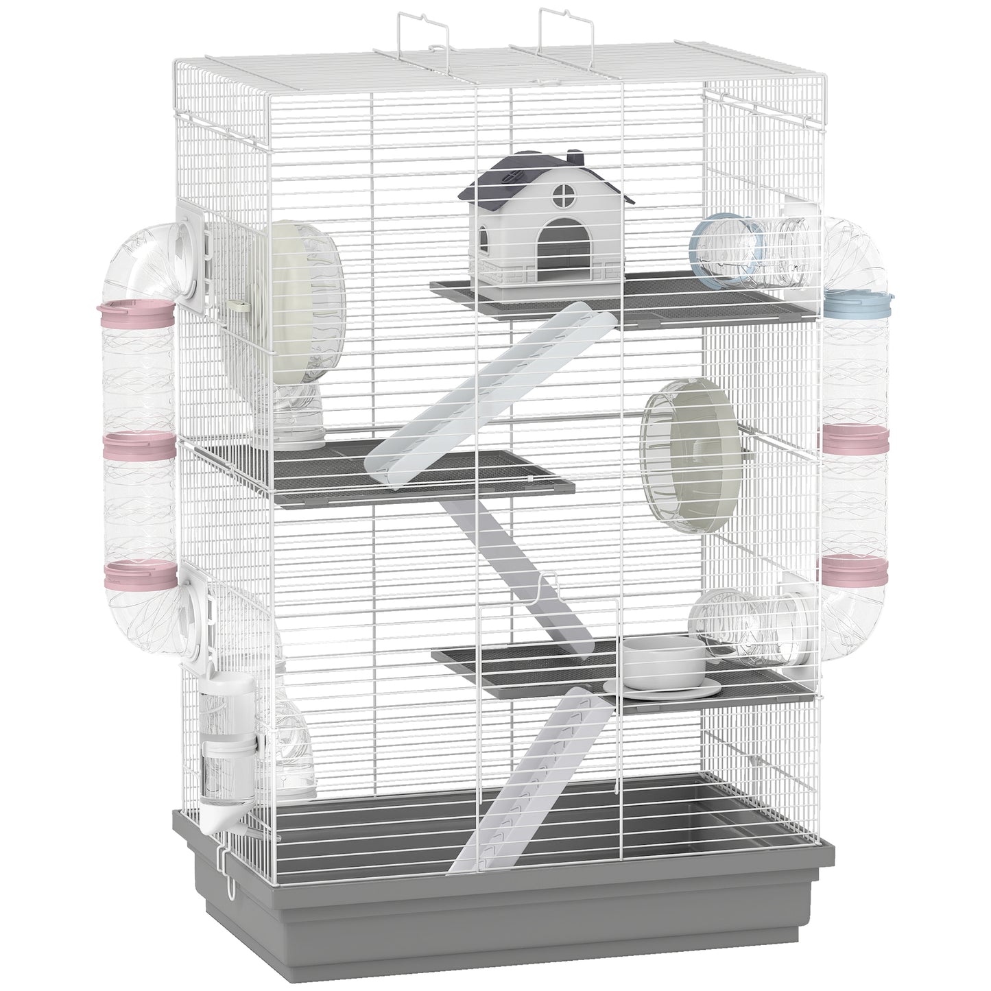 Cușcă pentru Hamsteri cu 4 Niveluri și 16 Tuburi, cu Căsuță, Rampă, Boluri, Rezervor de Apă și Tavă Antipicurare, Cușcă din Metal și Plastic, 47x30x70 cm, Gri