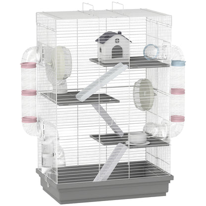 Cușcă pentru Hamsteri cu 4 Niveluri și 16 Tuburi, cu Căsuță, Rampă, Boluri, Rezervor de Apă și Tavă Antipicurare, Cușcă din Metal și Plastic, 47x30x70 cm, Gri