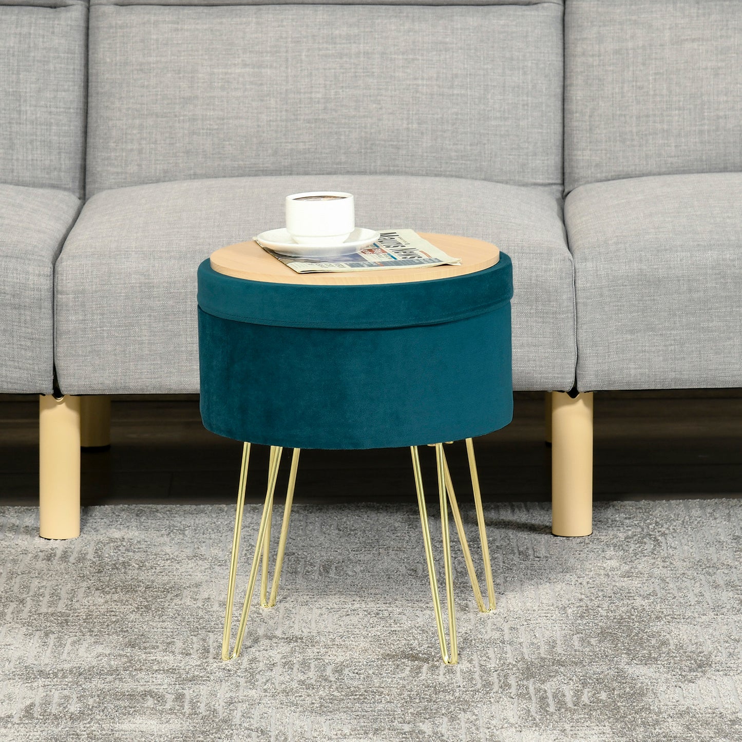 Scaun Rotund cu Compartiment de Depozitare din Catifea Verde si Auriu 36x36x45cm