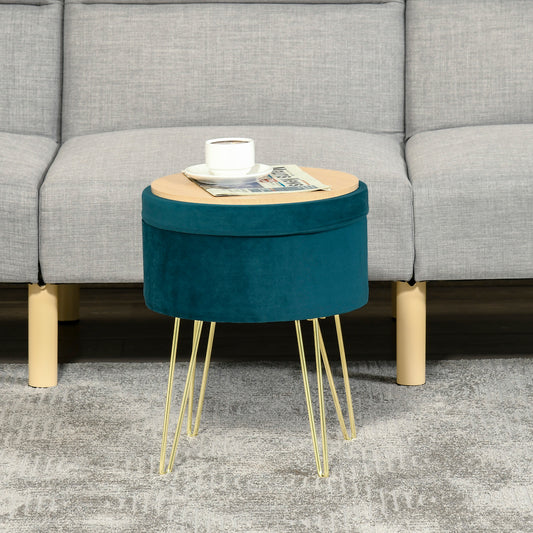 Scaun Rotund cu Compartiment de Depozitare din Catifea Verde si Auriu 36x36x45cm