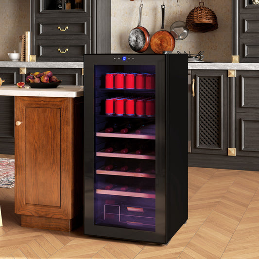 Vitrină Frigorifică pentru Vinuri 20 Sticle 92L Silențioasă Temperatura Reglabilă 5-18℃ Frigider Vinuri Bar cu Sticlă Anti UV, Rafturi, Compresor, Display Touch, Lumină LED, Clasa G