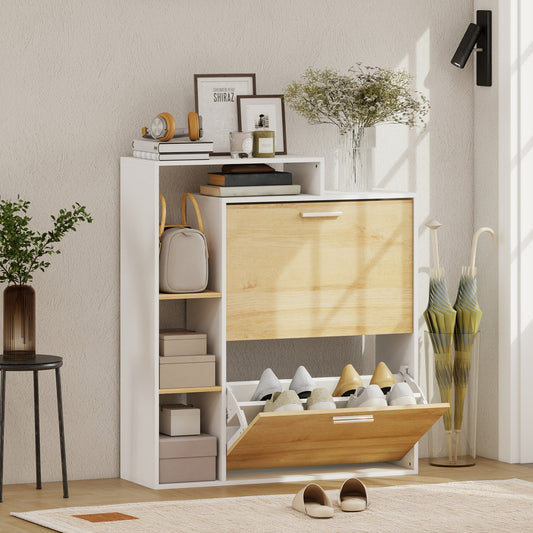 Dulap Slim pentru Pantofi cu 2 Sertare Rabatabile, Dulap Intrare cu Rafturi Reglabile, 3 Rafturi Deschise, Spațiu pentru 8 Perechi de Pantofi, Alb și Lemn Natural, 80x26x90 cm