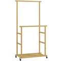 Suport pentru haine cu 2 bare, raft inferior și 4 roți din bambus, 80x40x160 cm, lemn natural