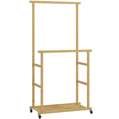 Suport pentru haine cu 2 bare, raft inferior și 4 roți din bambus, 80x40x160 cm, lemn natural