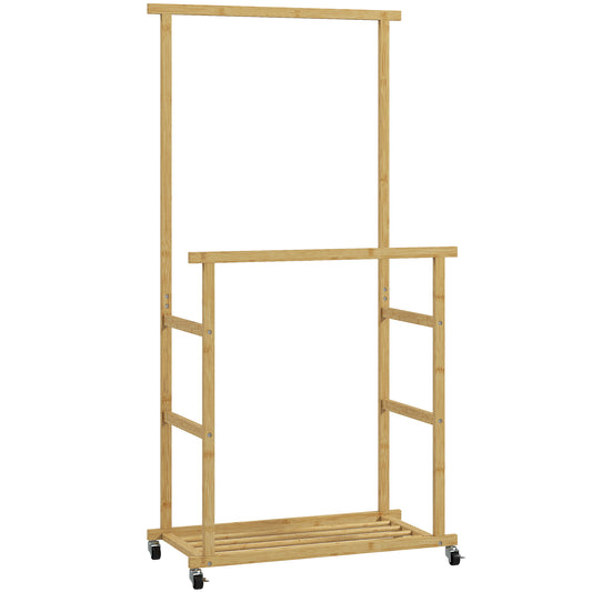 Suport pentru haine cu 2 bare, raft inferior și 4 roți din bambus, 80x40x160 cm, lemn natural
