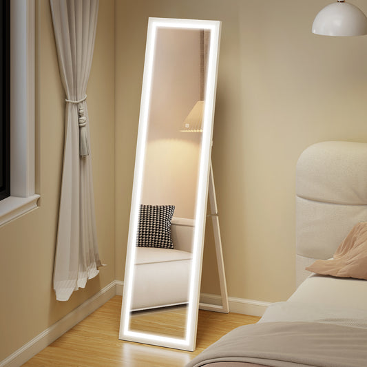 Oglindă iluminată cu lumini LED reglabile și buton tactil, din sticlă și MDF, 40x5x160 cm, albă