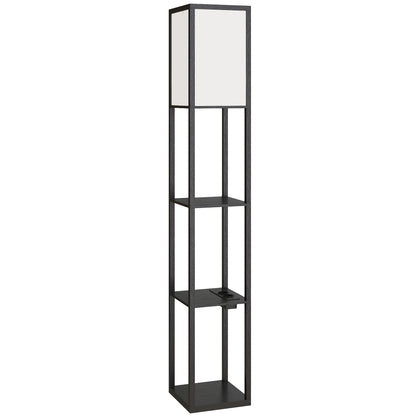 Lampă de Podea LED cu Rafturi, Lampă Modernă cu Comutator Pedală și Porturi USB, Temperatură de Lumină Reglabilă pentru Sufragerie și Dormitor, Negru