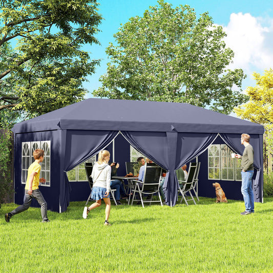 Foisor de gradina pliabil pentru exterior cu 6 panouri laterale, 585x295cm albastru
