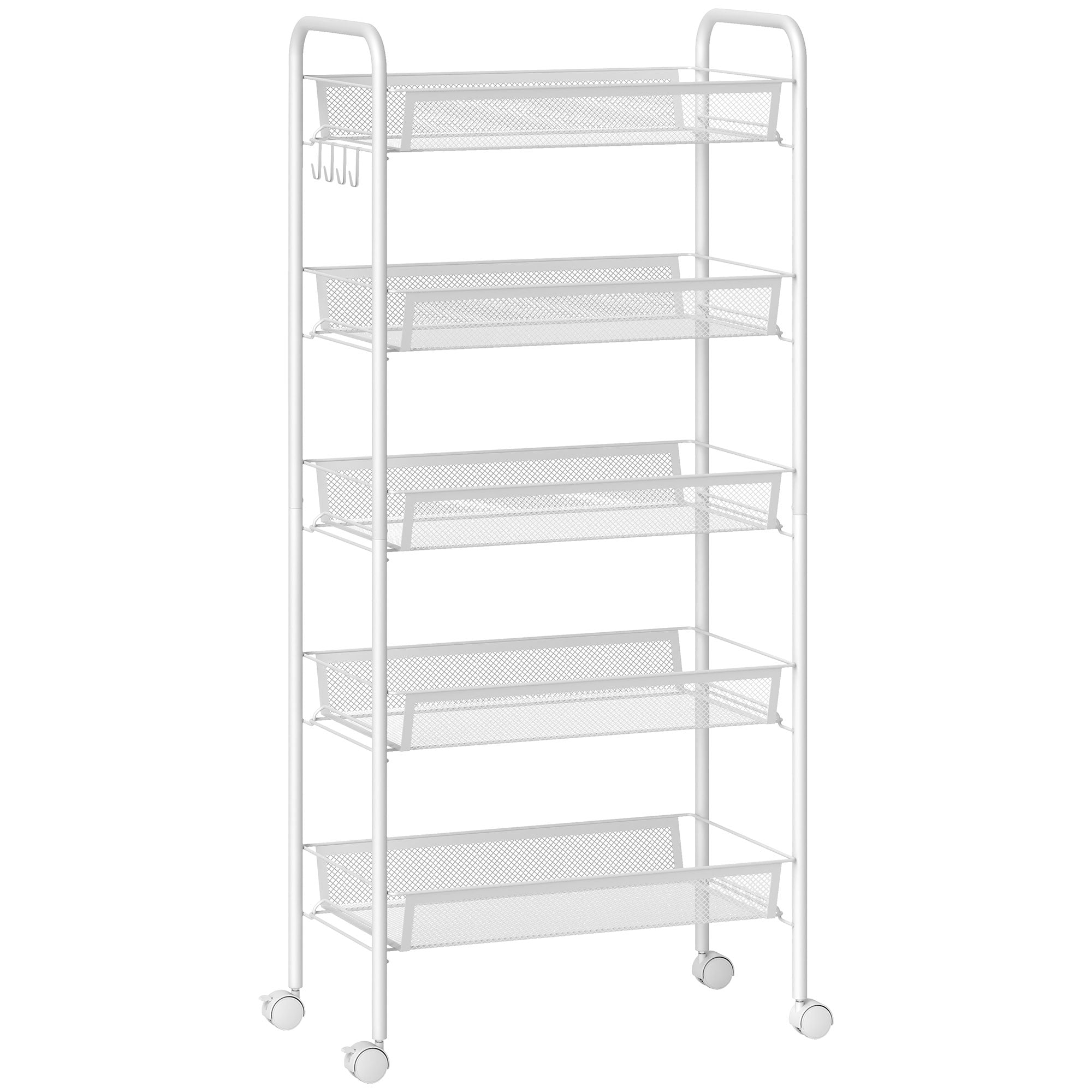 Carucior de Bucătărie Economisitor de Spațiu pe 5 Niveluri cu Coșuri din Plasă din Oțel, 45x26.5x106cm, Alb
