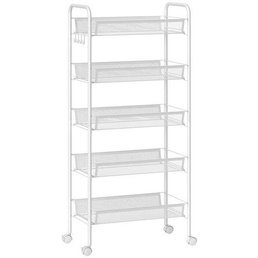 Carucior de Bucătărie Economisitor de Spațiu pe 5 Niveluri cu Coșuri din Plasă din Oțel, 45x26.5x106cm, Alb