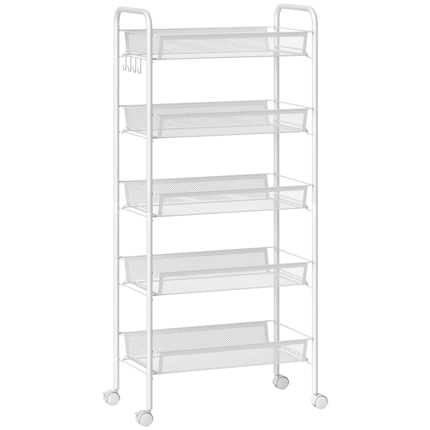 Carucior de Bucătărie Economisitor de Spațiu pe 5 Niveluri cu Coșuri din Plasă din Oțel, 45x26.5x106cm, Alb