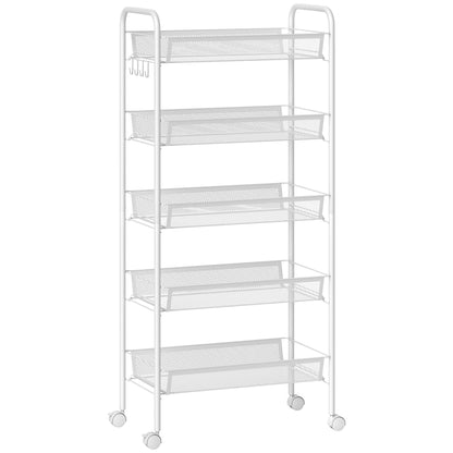 Carucior de Bucătărie Economisitor de Spațiu pe 5 Niveluri cu Coșuri din Plasă din Oțel, 45x26.5x106cm, Alb