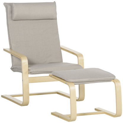 Fotoliu Relax cu suport pentru picioare, fotoliu din lemn si tesatura cu efect de in cu perna pentru tetiera, 67x69x100cm, gri