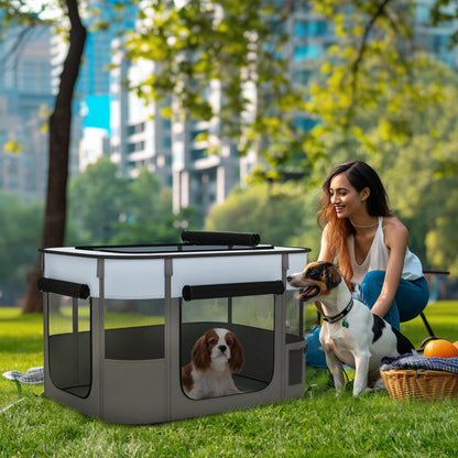 Țarc de Joacă pentru Animale de Companie cu 7 Ferestre, 3 Uși și 2 Pungi de Depozitare, Gard pentru Câini din Țesătură și Oțel Oxford, 84x64x53 cm, Negru