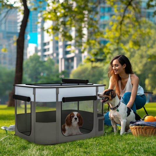 Țarc de Joacă pentru Animale de Companie cu 7 Ferestre, 3 Uși și 2 Pungi de Depozitare, Gard pentru Câini din Țesătură și Oțel Oxford, 84x64x53 cm, Negru